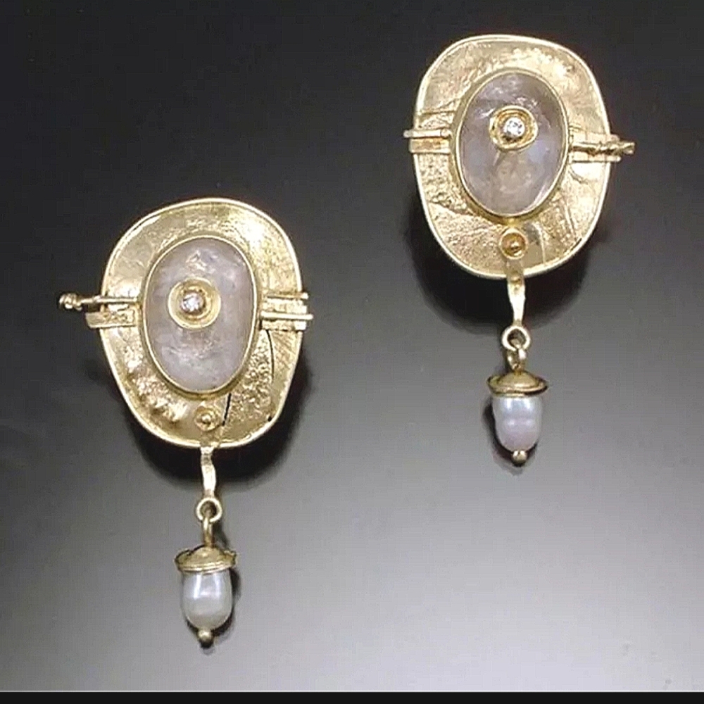 Luxurious Drop Earrings Pearl Enamel GF. Size 39x23mm. Vintage